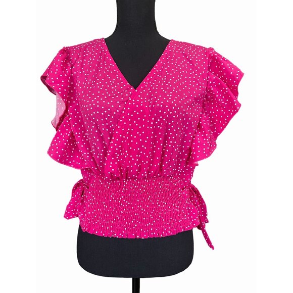 V front & back polka dot baby doll top plus bow accent barbie cute flattering - Picture 1 of 6